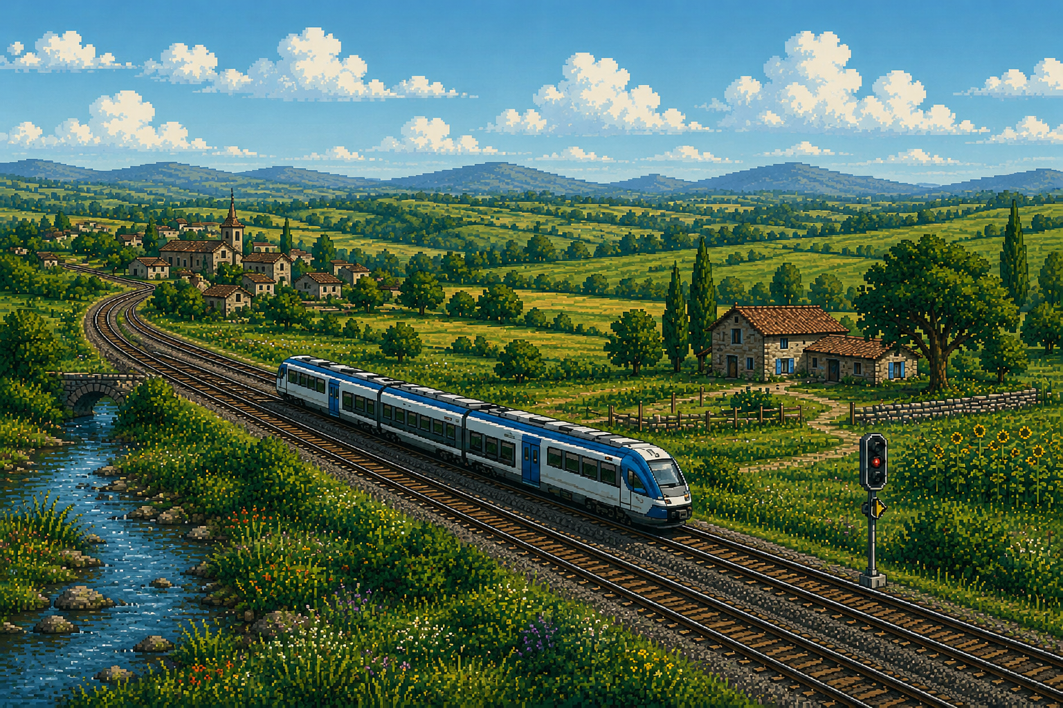 Illustration de type sprite d'un train en campagne, inspirée de l'image de référence